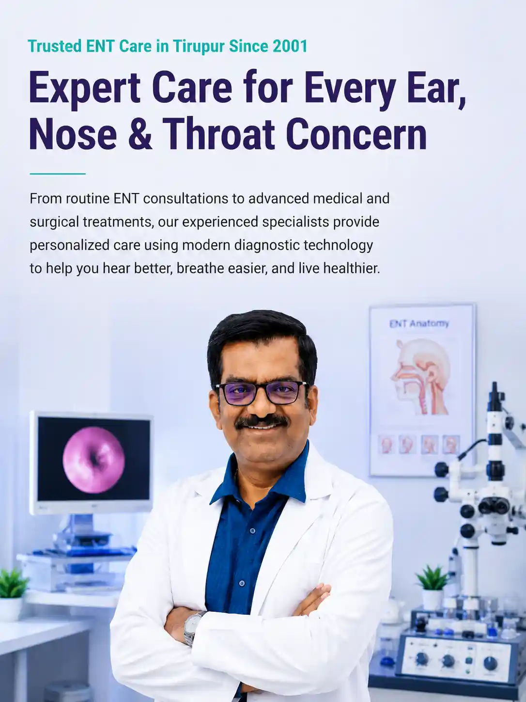 Experienced ENT specialist at Sree Saran Medical Center, Tirupur, providing advanced ear, nose, and throat care with modern diagnostic technology.